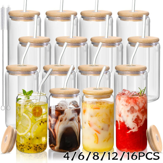 Glass Coffee Cup Drinkware Set, 16oz Clear Cups with Bamboo Lids, Glass Straws and Brushes in 4 to 16 Pieces