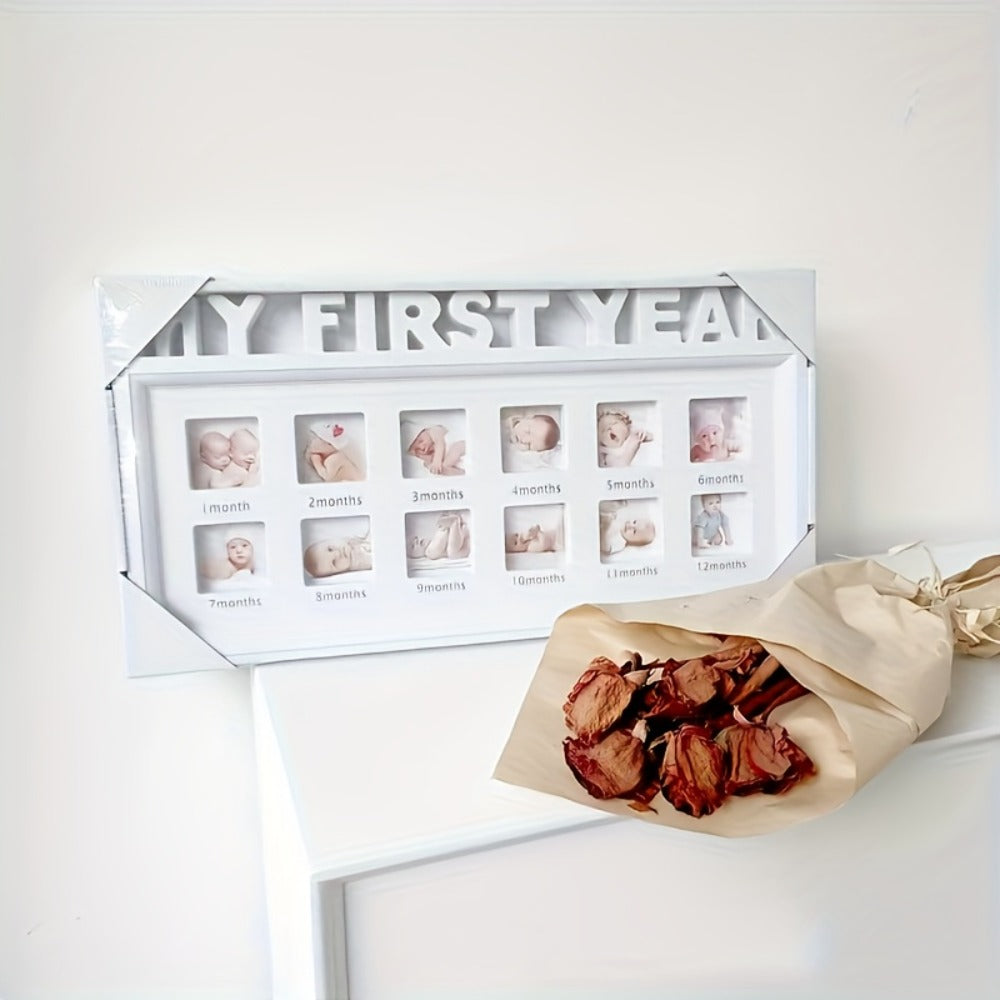 Baby First Year Picture Frame Newborn Memory Keepsake - White Photo Frame Gift for New Mom with Milestone Display