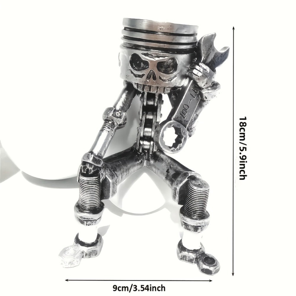 Steampunk Skull Sculpture with Wrench – Hand-Painted Mechanical Piston Gothic Decor, Resin Desk Decoration for Man Cave, Garage, Office