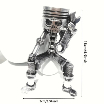 Steampunk Skull Sculpture with Wrench – Hand-Painted Mechanical Piston Gothic Decor, Resin Desk Decoration for Man Cave, Garage, Office