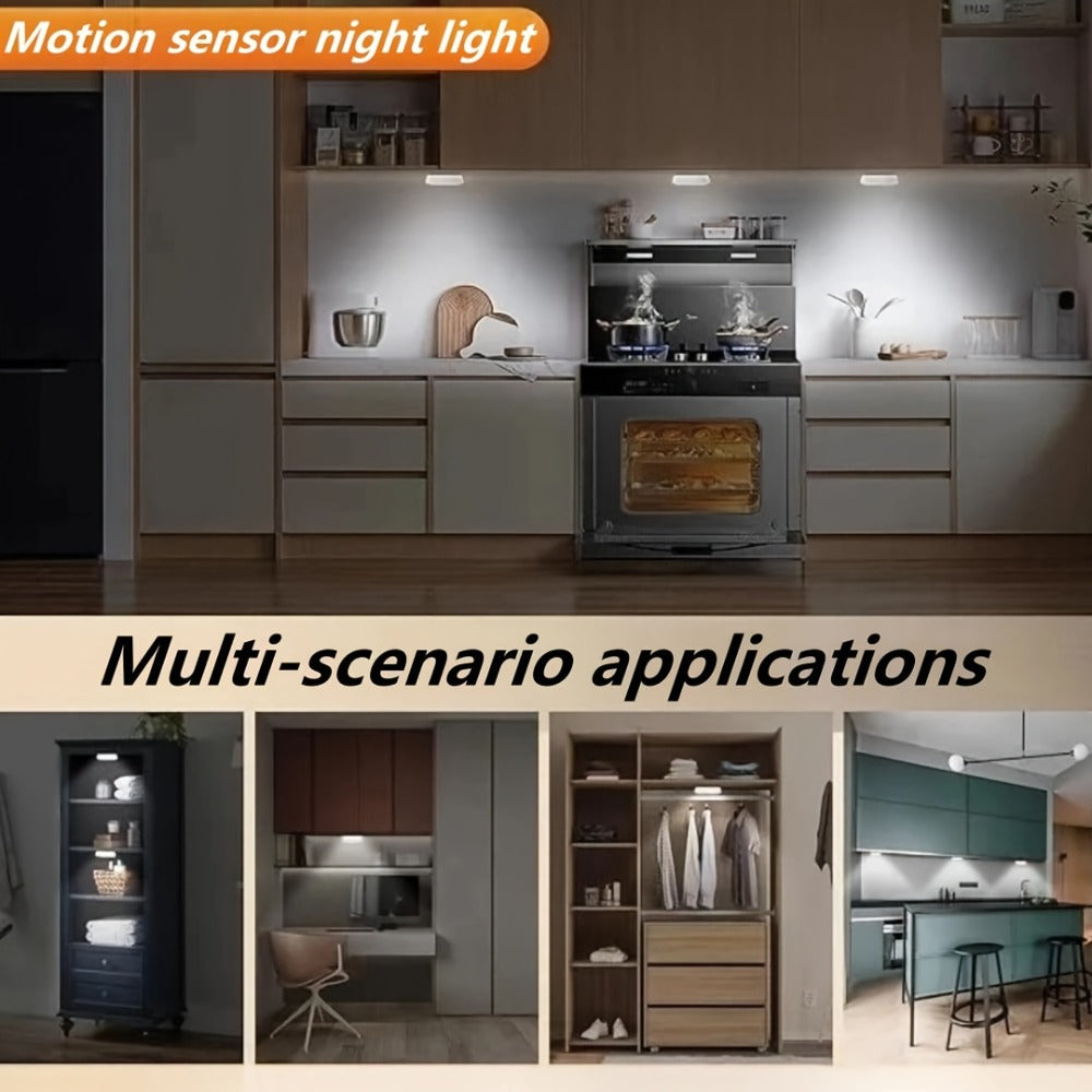 Night Light Motion Sensor 8-LED Puck Set with USB Rechargeable Power, Warm or White Light in 6- and 12-Piece Packs