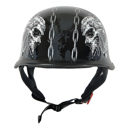 German Style Motorcycle Half Face Helmet – Novelty Skull & Carbon Fiber Design, UV Glossy Finish, Removable Washable Padding