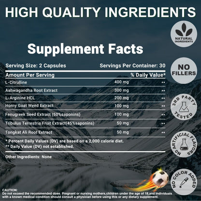 Male Testosterone Support Capsules with Maca Root, Epimedium, L-Citrulline & Ashwagandha, Men's Vitality