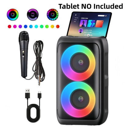 Portable PA Speaker Twin-Ring RGB Wireless Unit with TWS, Tablet Holder and Wired Microphone