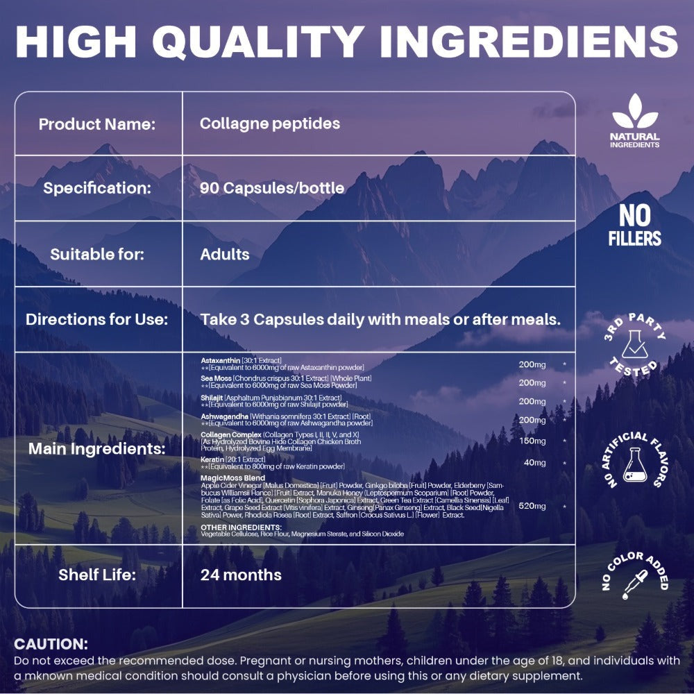 Collagen Capsules Type I II III V X with Vitamin C, Hyaluronic Acid & Biotin, Skin Hydration, Elasticity