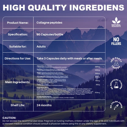 Collagen Capsules Type I II III V X with Vitamin C, Hyaluronic Acid & Biotin, Skin Hydration, Elasticity