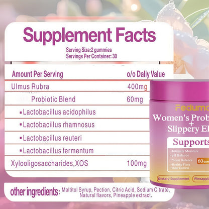 Women's Probiotic Gummies with Slippery Elm for Intimate Moisture Odor Control Healthy Flora