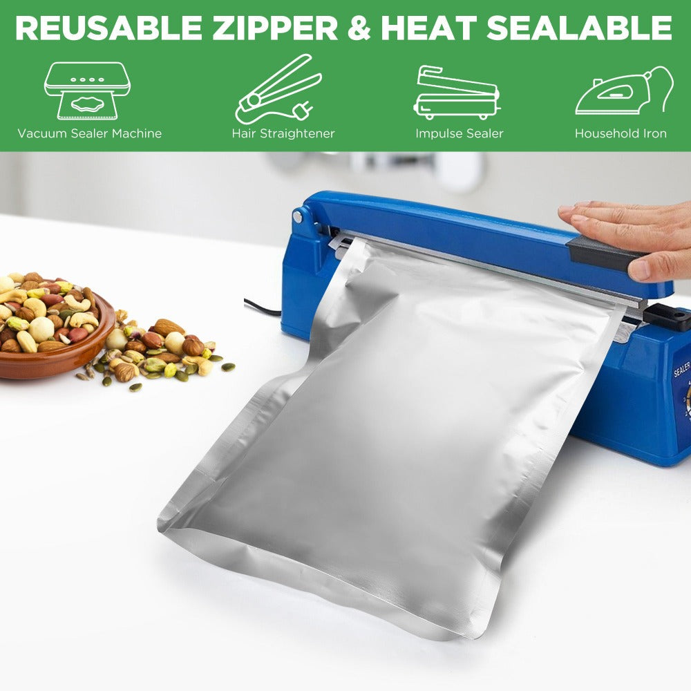 Mylar Bags for Food Storage 1 Gallon 10 Mil Thick, Resealable Zipper & Heat Seal, 40pcs or 100pcs with Label Stickers