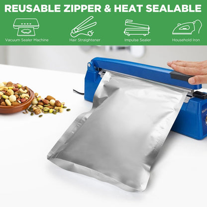Mylar Bags for Food Storage 1 Gallon 10 Mil Thick, Resealable Zipper & Heat Seal, 40pcs or 100pcs with Label Stickers