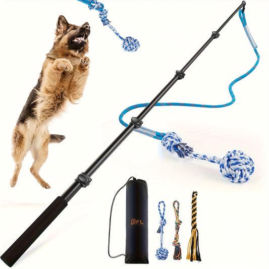 Dog Flirt Pole Telescopic – Extendable Flirt Stick with 3 Detachable Toys & Nylon Rope, Aluminum Alloy Dog Chase Toy