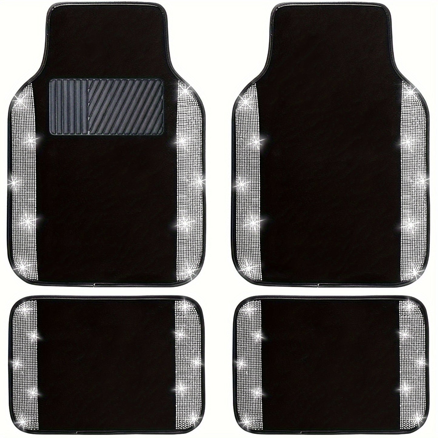Rhinestone-Border Car Floor Mats, Four-Piece Black Carpet Set with Seven Accent Color Options