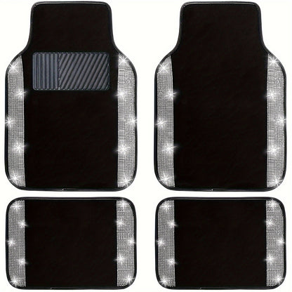 Rhinestone-Border Car Floor Mats, Four-Piece Black Carpet Set with Seven Accent Color Options