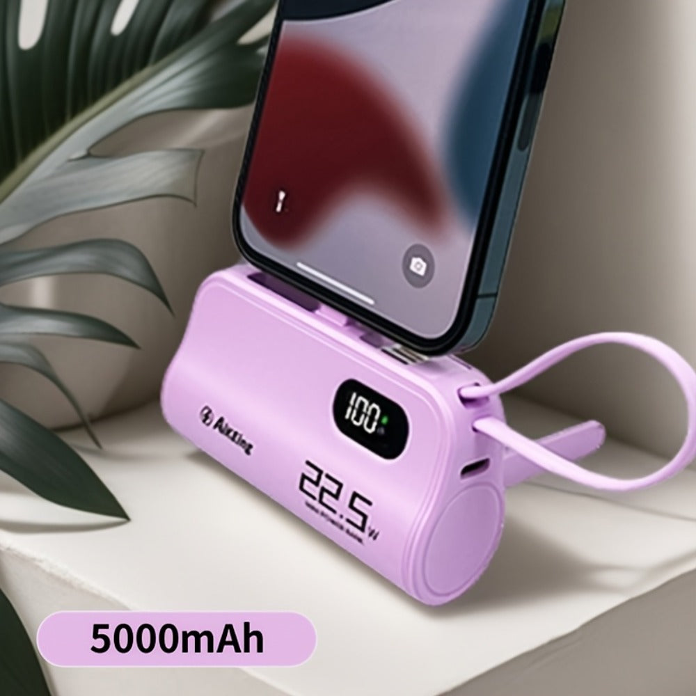 5000mAh Capsule-Style Power Bank with 22.5W Marking, Hidden Stand, Digital Display and USB Cable