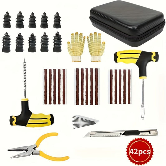 Tire Repair Kit 42pcs – Car Tubeless Tire Plug Kit with Emergency Tools, Patches & Sealant for Quick Flat Tire Fix on Cars Trucks SUVs