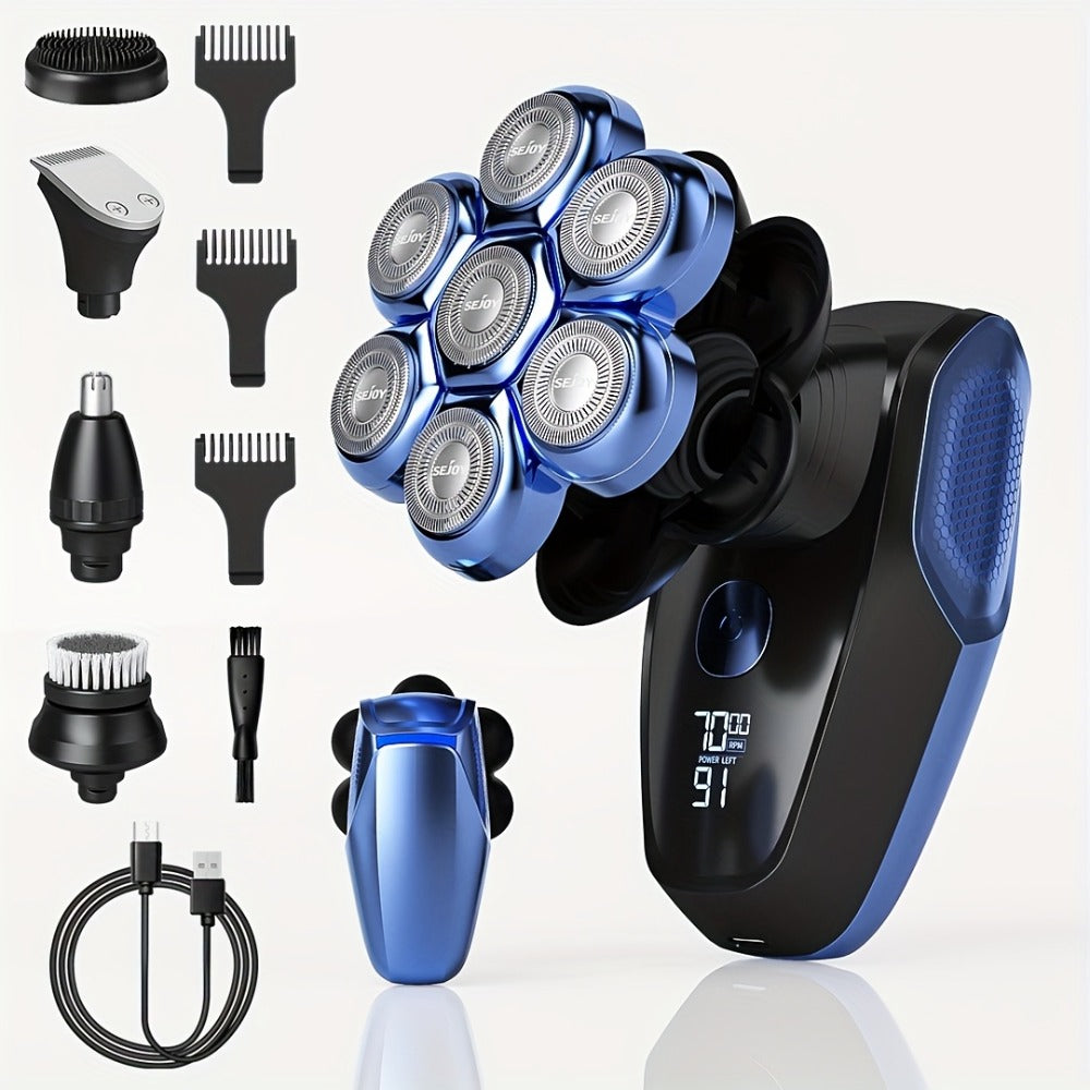 7D Head Shaver Bald Men 5-in-1 Waterproof Wet Dry Electric Razor – Type-C Rechargeable 6500-7500RPM Rotary Grooming Kit with Nose Hair