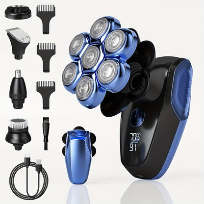 7D Head Shaver Bald Men 5-in-1 Waterproof Wet Dry Electric Razor – Type-C Rechargeable 6500-7500RPM Rotary Grooming Kit with Nose Hair