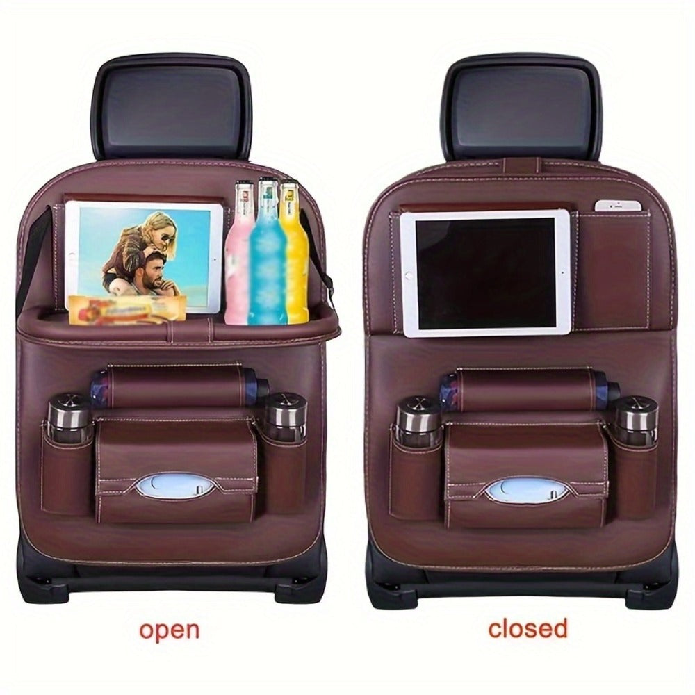 Two-Pack Seatback Car Organizer with Fold-Down Tray, Cup Pockets, Tissue Opening and Umbrella Storage
