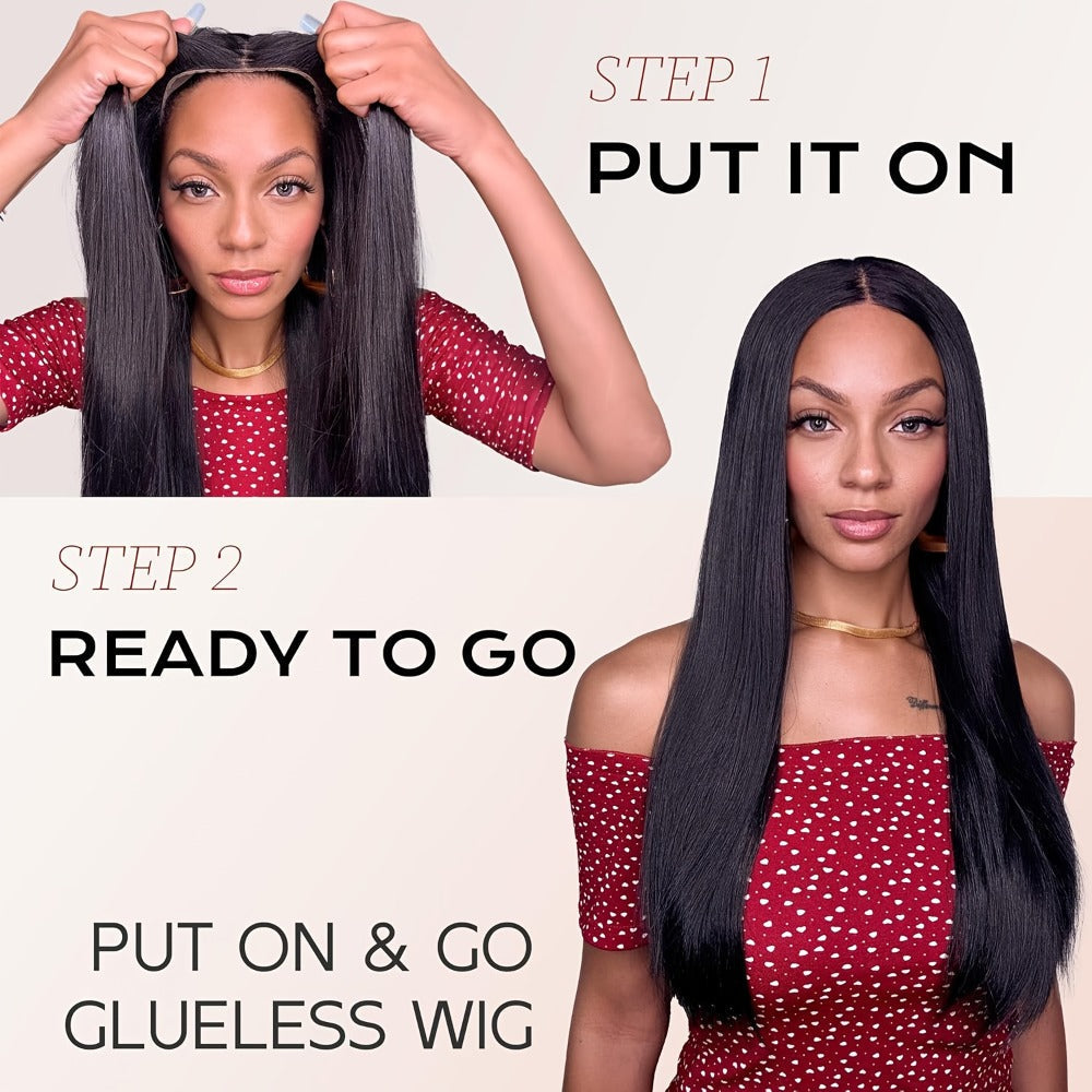 Put On and Go Wig 6x4.5 HD Lace Human Hair Straight 250% Density Glueless Pre-Plucked Pre-Cut Pre-Bleached Knots Long Straight Wig for Women