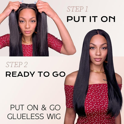 Put On and Go Wig 6x4.5 HD Lace Human Hair Straight 250% Density Glueless Pre-Plucked Pre-Cut Pre-Bleached Knots Long Straight Wig for Women