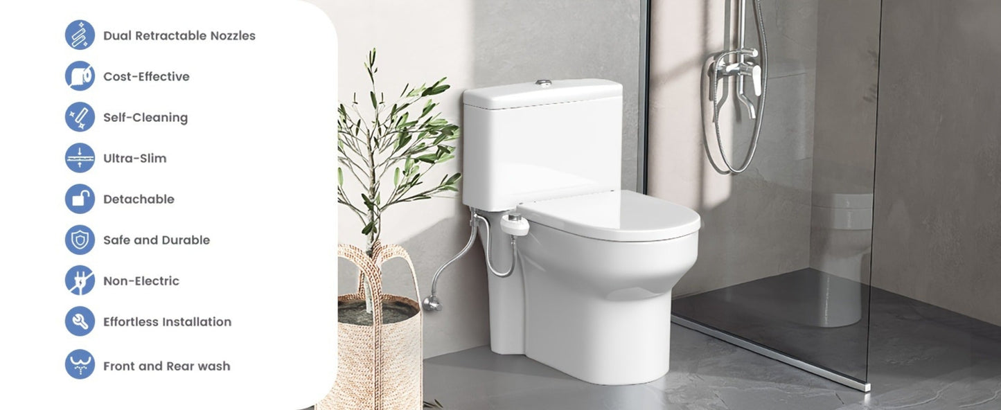 Ultra-Slim Non-Electric Bidet Attachment for Toilet, Self-Cleaning Dual Retractable Nozzles, Adjustable Water Pressure, Fresh Water Sprayer