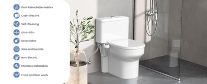 Ultra-Slim Non-Electric Bidet Attachment for Toilet, Self-Cleaning Dual Retractable Nozzles, Adjustable Water Pressure, Fresh Water Sprayer