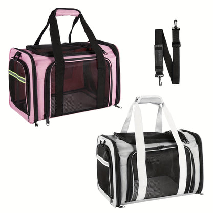 Compact Soft-Sided Pet Carrier with Mesh Panels, Shoulder Strap and Four Pink, Black or Grey Options