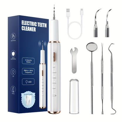 Electric Tooth Cleaner Tartar Remover Rechargeable – 5 Speed Modes, LED Light, USB Charging, 2 Replaceable Brush Heads