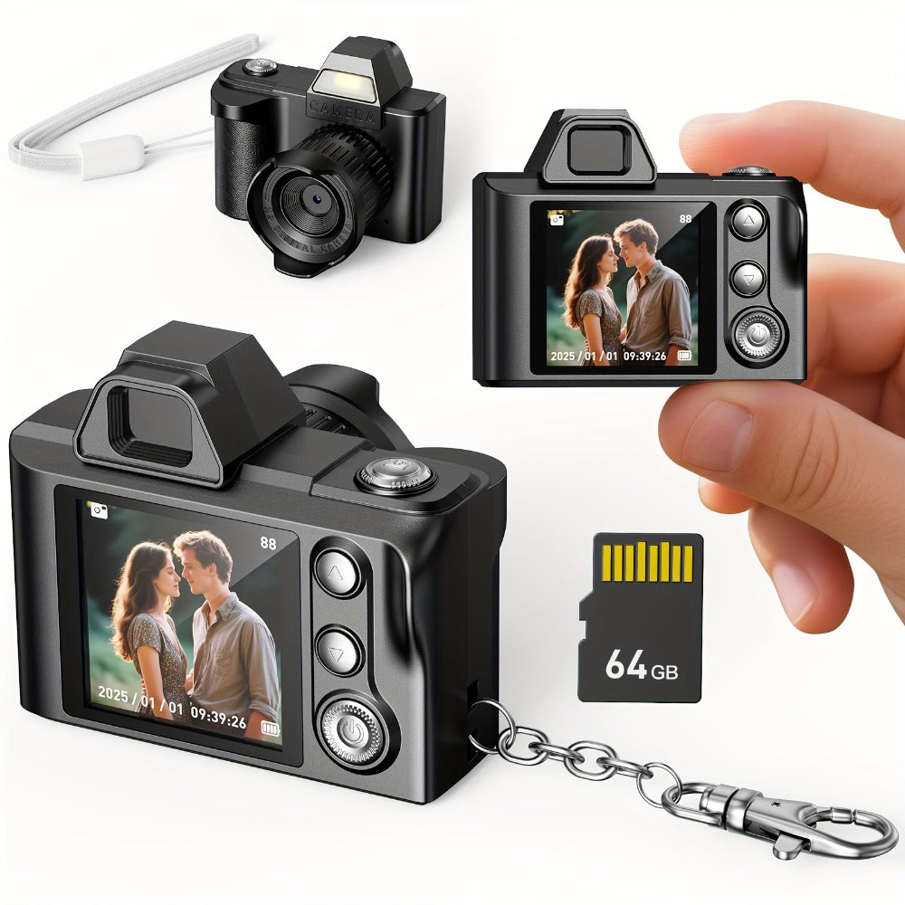 Mini Pocket Camera Retro Vintage Thumb Size with LED Flash, Multiple Filters & 64GB Memory Card