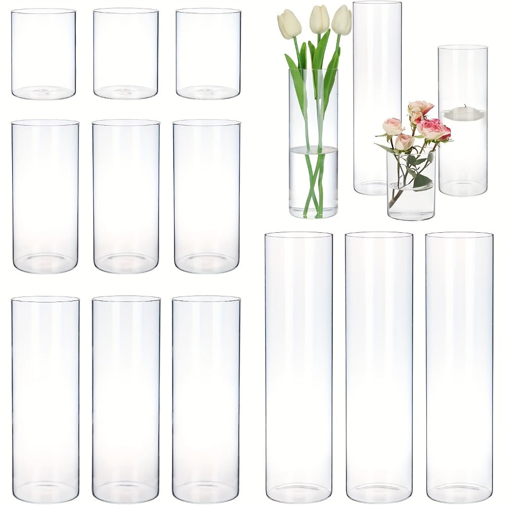 Glass Cylinder Vases Set 12 or 24pcs Clear Tall Flower Vase Candle Holder 4 Sizes for Wedding for Entryways, Bedrooms and Living Spaces
