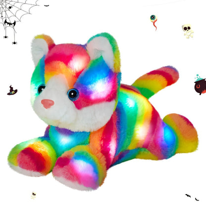 Plush Toy Rainbow Cat with LED Glow and Optional Music for Colorful Kawaii Room Display and Gifting