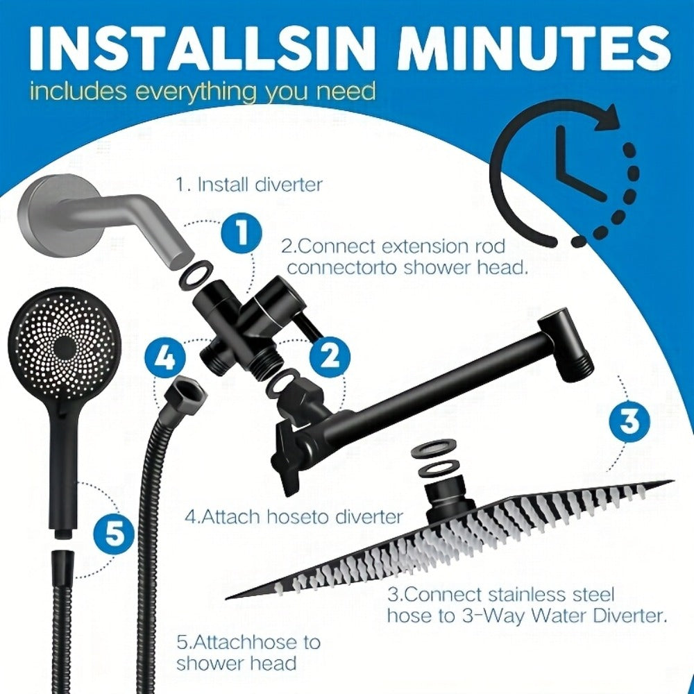 Rain Shower System with Handheld Shower Head, High Pressure Rainfall Showerhead Combo Copper Diverter Anti-Clog 8 10 12 Inch