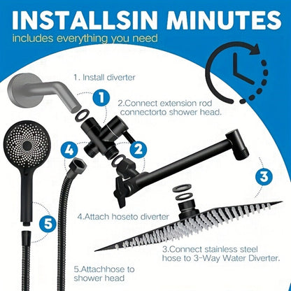 Rain Shower System with Handheld Shower Head, High Pressure Rainfall Showerhead Combo Copper Diverter Anti-Clog 8 10 12 Inch