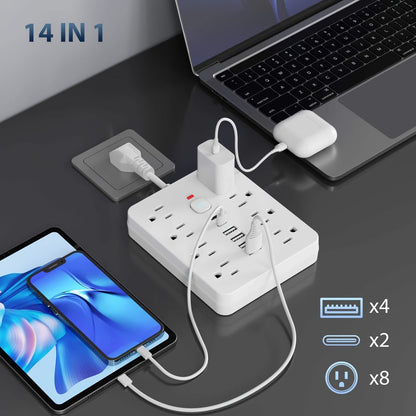 Power Strip with USB Ports, 14-in-1 with Individual Outlet Switches, 8 AC Outlets, 4 USB-A and 2 USB-C Ports