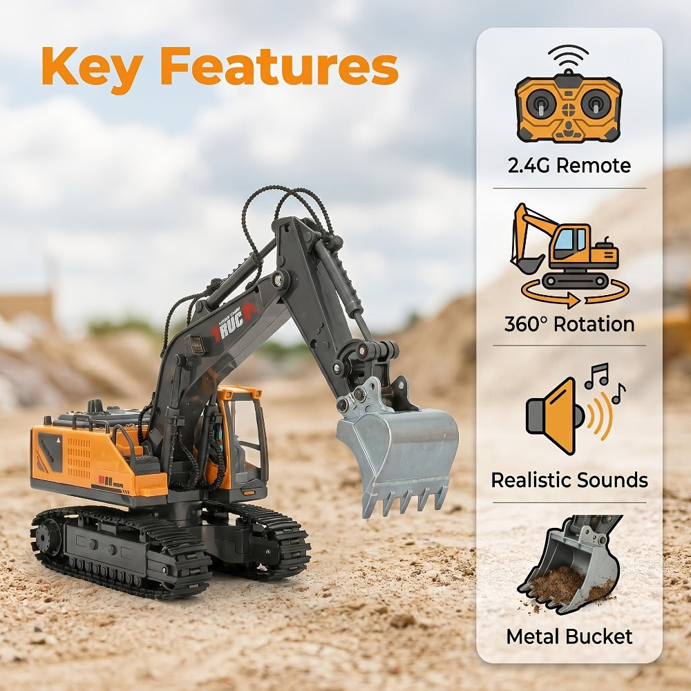 RC Excavator Toy for Kids Track Type 2.4GHz, 1200mAh Rechargeable Remote Control Construction Truck with Metal Shovel & LED Light