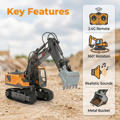 RC Excavator Toy for Kids Track Type 2.4GHz, 1200mAh Rechargeable Remote Control Construction Truck with Metal Shovel & LED Light