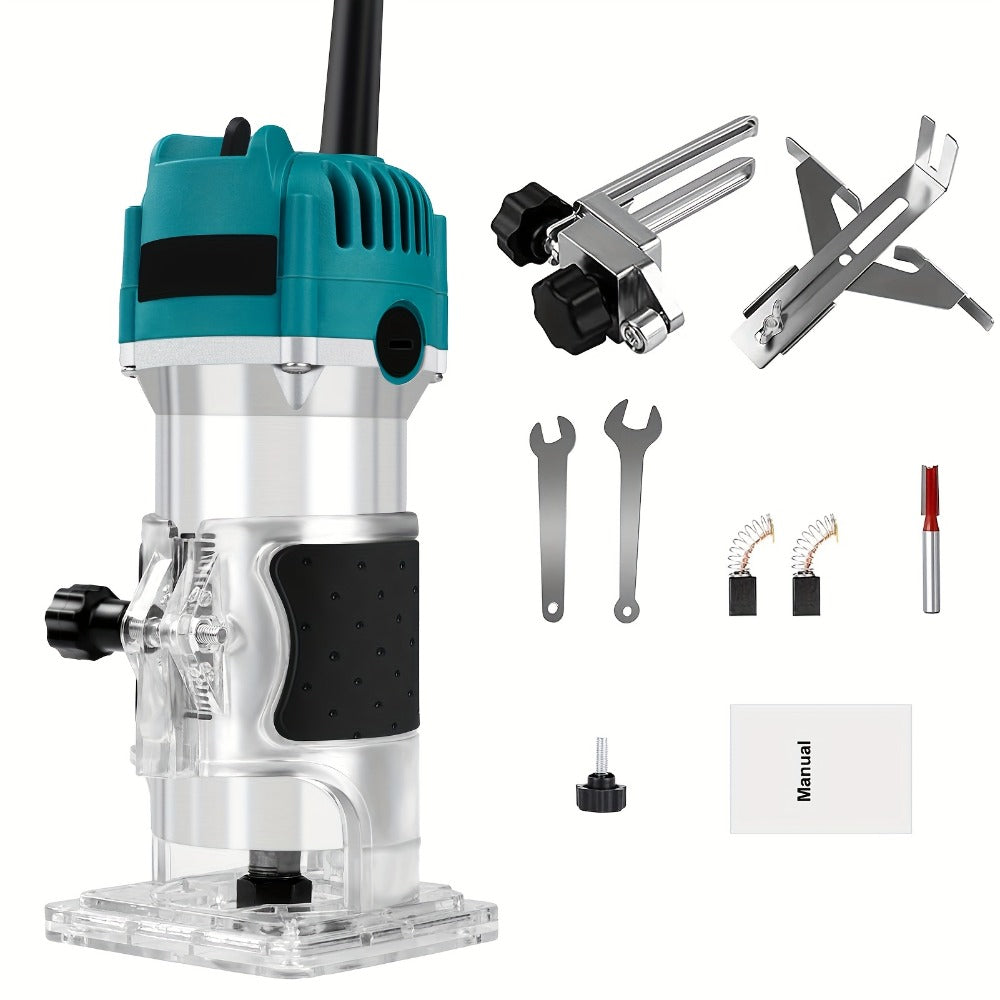 Six-Speed 800W Laminate Trimmer with Clear Base, Shaft Lock and Guide Accessories in Blue Housing