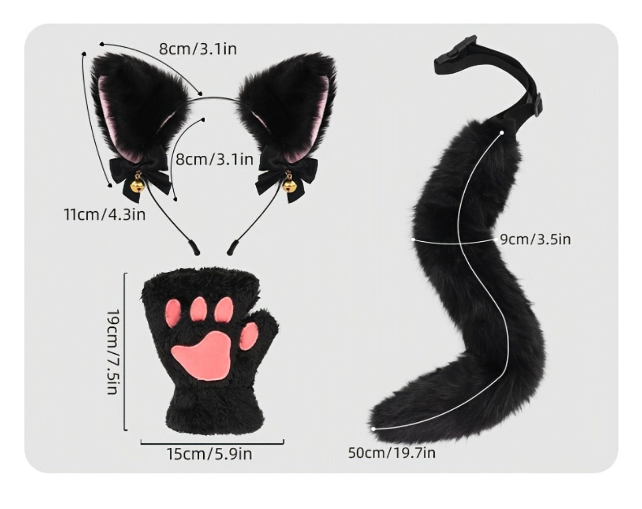 Cat Costume Set 3 Piece, Bell Ear Headband, Plush Paw Gloves & Adjustable Tail for Halloween, Cosplay