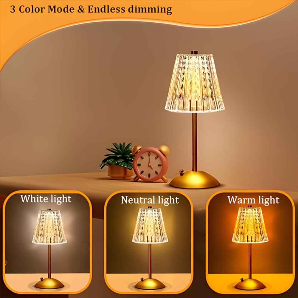 Crystal Atmosphere Lamp Portable, 3-Color Adjustable Touch LED Table Light with Retro Golden Design for Home