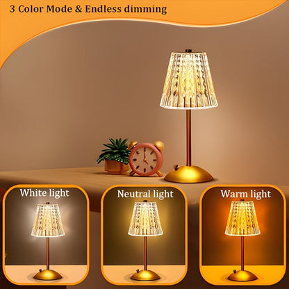 Crystal Atmosphere Lamp Portable, 3-Color Adjustable Touch LED Table Light with Retro Golden Design for Home