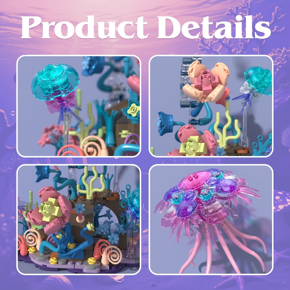 526-Piece Jellyfish Building Block Model with Ocean Scene Base and Pictured 27 cm Display Height