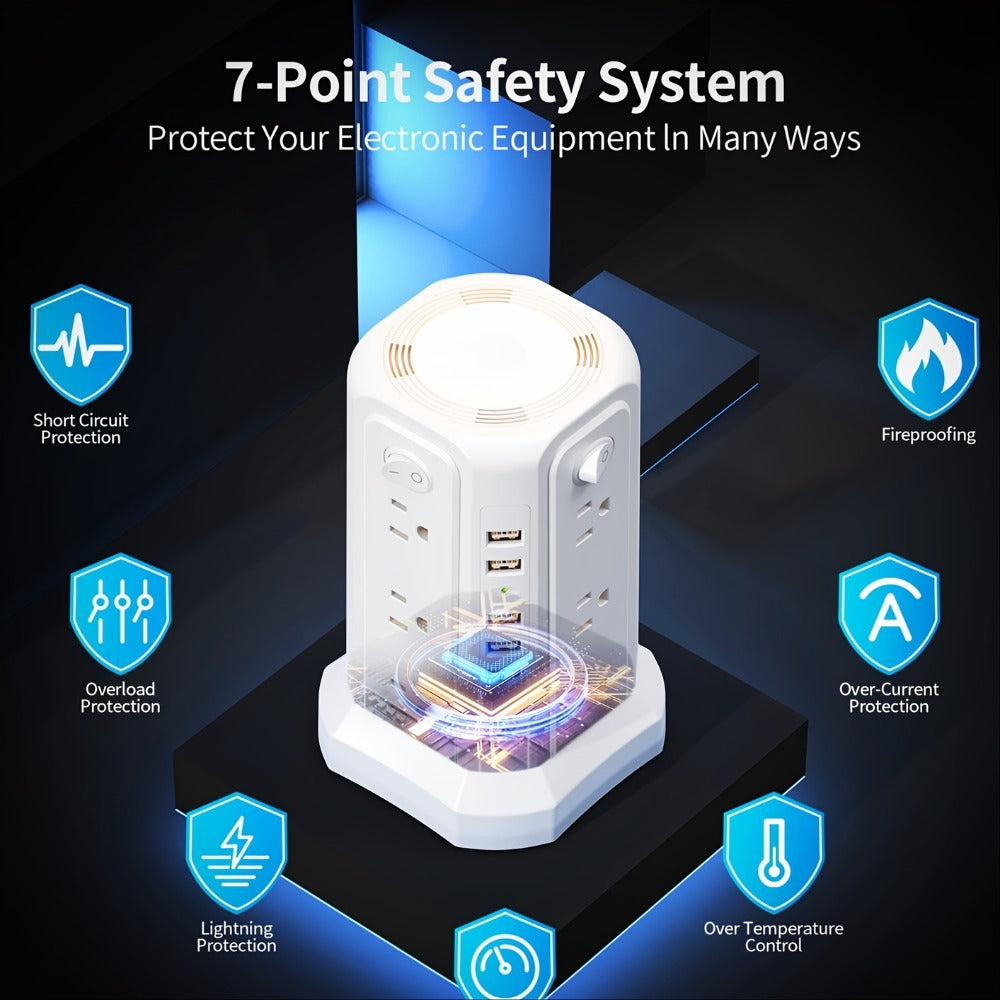 Night Light Power Tower Surge Protector 17-in-1, 12 AC Outlets & 5 USB Ports, 10.2ft Extension Cord