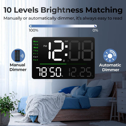 16-Inch Digital Wall Clock with LED Display, Remote, Dimmer Modes, Calendar and Indoor Temperature Readout
