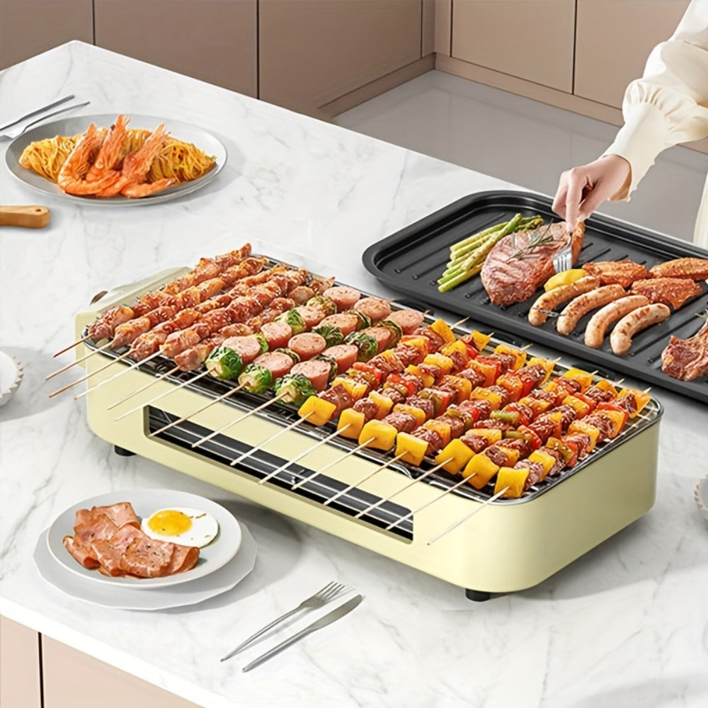 Electric BBQ Grill Indoor, 1500W Smokeless Tabletop Grill with Removable Frying Pan, Waffle Maker & Non-Stick Stainless Steel Plates