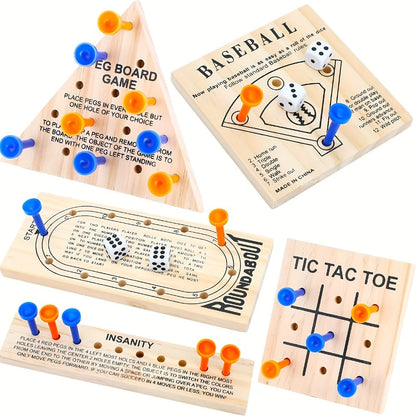 Wooden Board Game Set 5-in-1 – Luban Lock Puzzle Brain Games with Peg Board, Dice & Plastic Pieces, Classic Family Strategy Games Kit