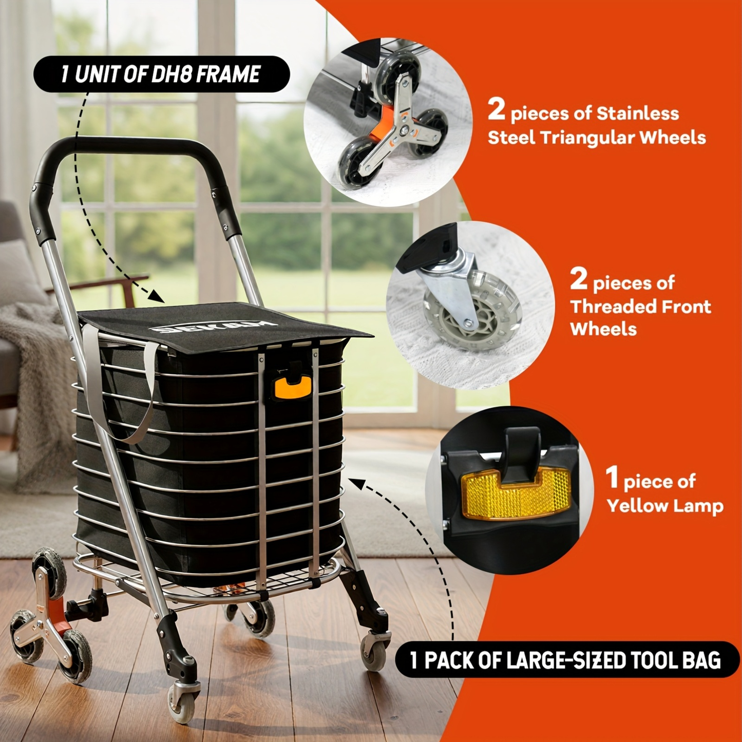 Stair Climbing Cart Collapsible Shopping Trolley with Swivel Wheels & Night Light, for Garden, Patio and Yard Use