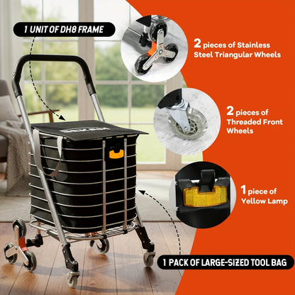 Stair Climbing Cart Collapsible Shopping Trolley with Swivel Wheels & Night Light, for Garden, Patio and Yard Use
