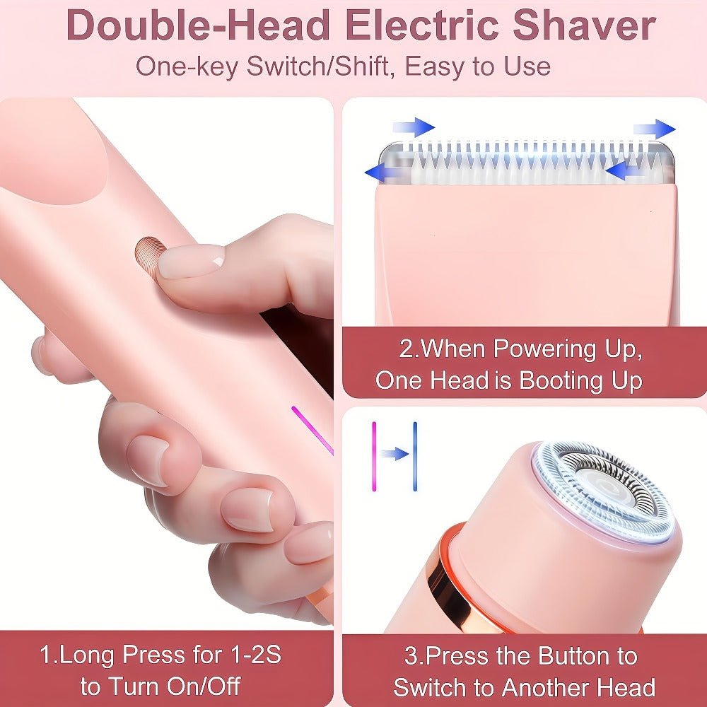 Electric Hair Trimmer for Women Dual Head IPX7 Waterproof USB Rechargeable Painless Bikini Trimmer Face Body Shaver Arms Legs Underarm