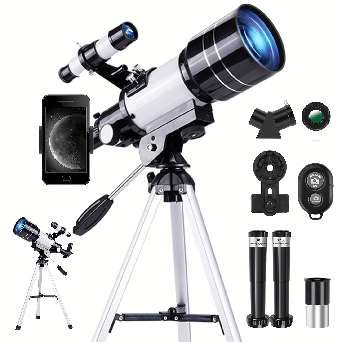 70 mm Refractor Telescope Kit with Five Color Labels, Tripod, Phone Holder and Two Eyepieces
