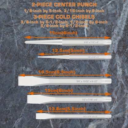 Punch and Chisel Set 16pcs Cr-V Steel with Taper Punch Cold Chisels Pin & Center Punches for Entryways, Bedrooms and Living Spaces