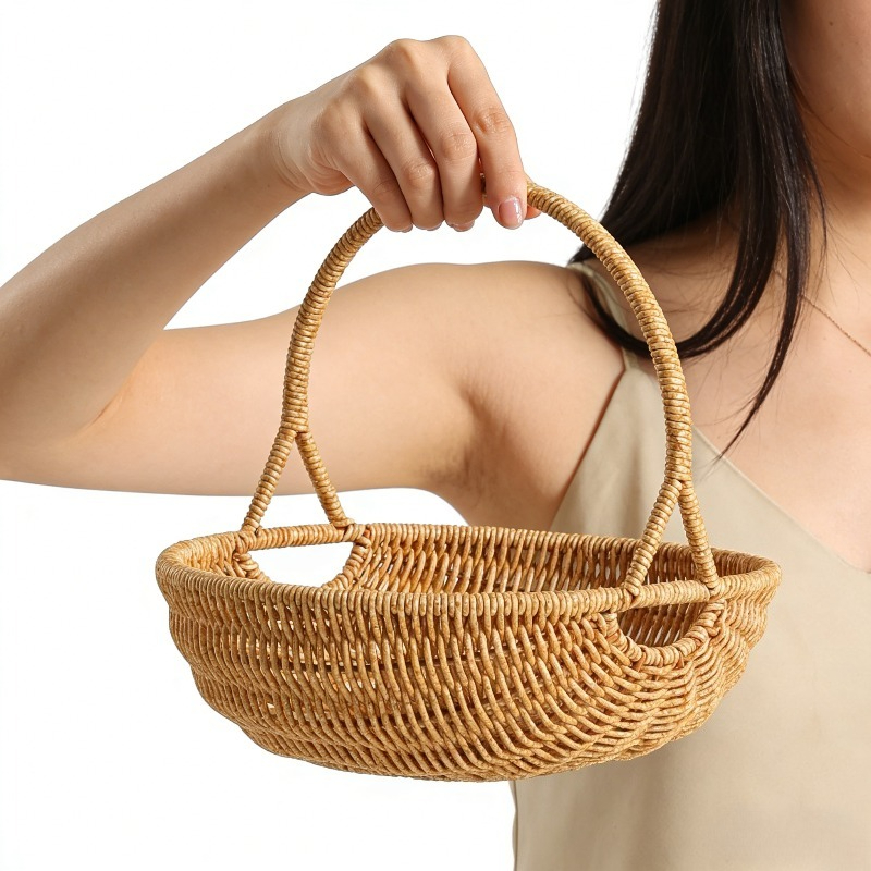 Handwoven Rattan Storage Basket with Carry Handle in Light Brown Medium Drain-Basket Format